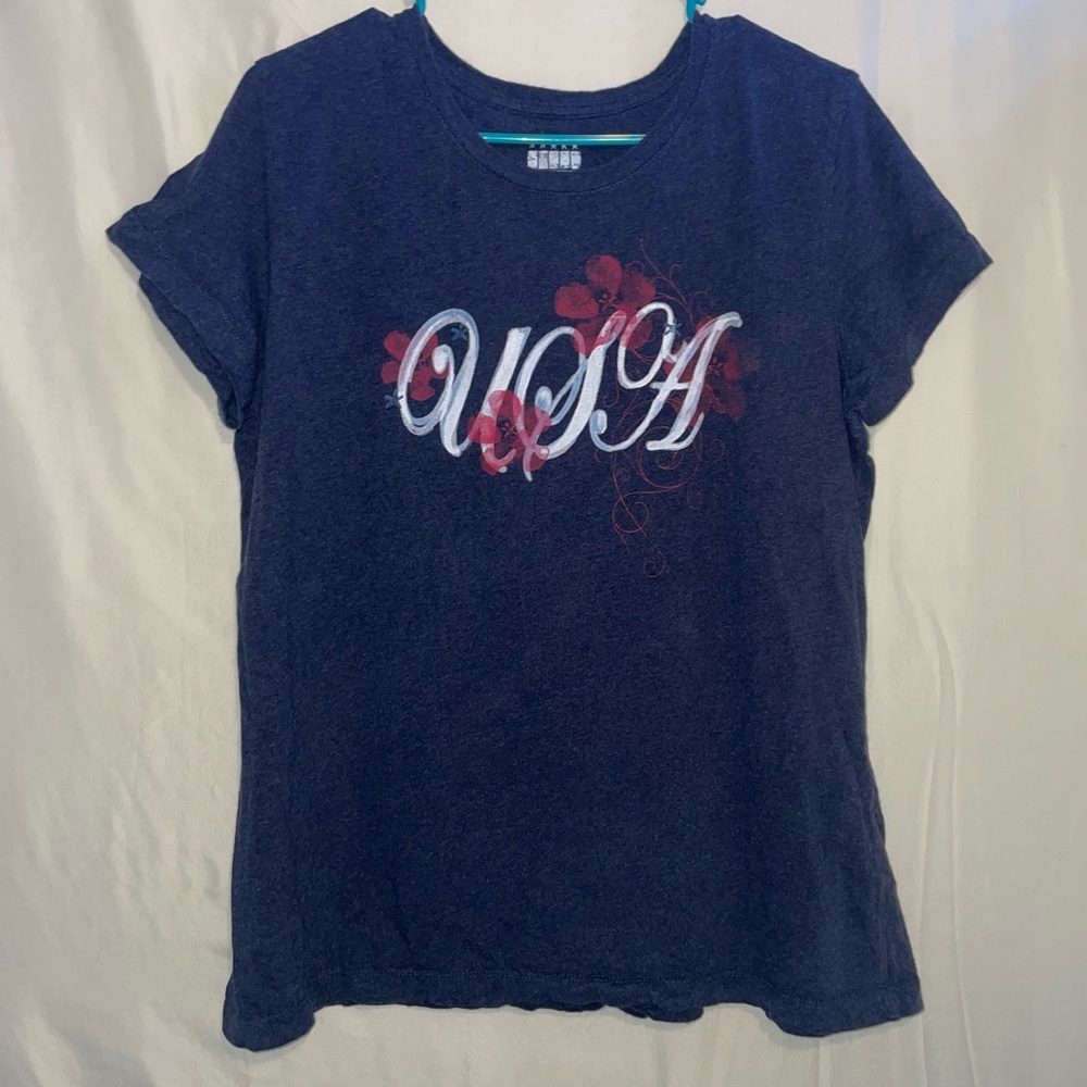 Women’s Vintage Floral USA T-Shirt Blue with Red flowers - Extra Large